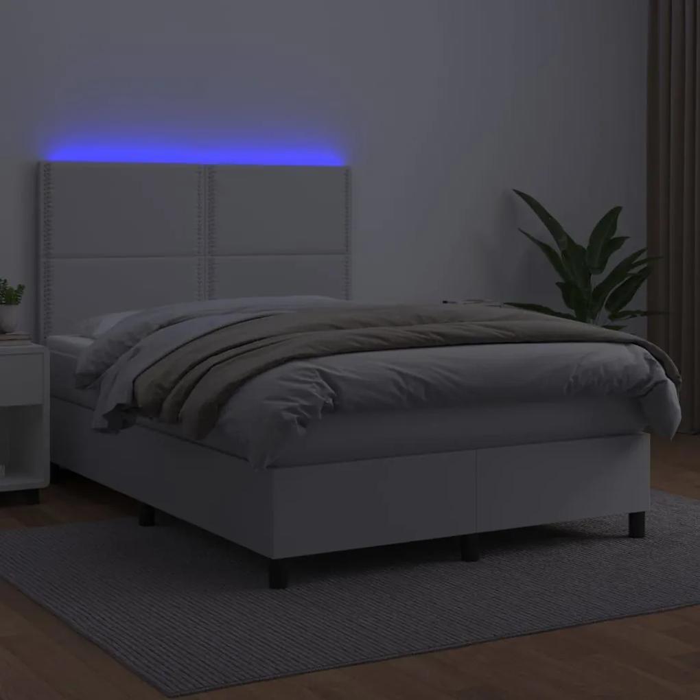 Κρεβάτι Boxspring με Στρώμα &amp; LED Λευκό 140x190 εκ. Συνθ. Δέρμα - Λευκό