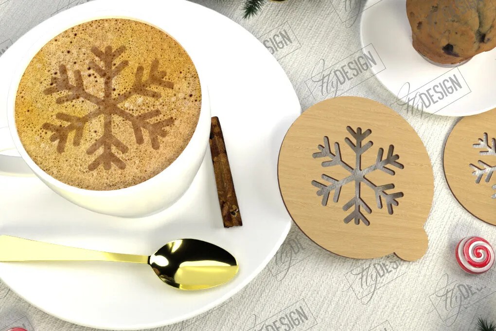 Σετ των 2 Intra απο ξύλο plywood 3mm-4mm πάχος Στένσιλ χριστουγεννιάτικου καφέ | Λάτρης του καφέ Δίασταση 15x15 cm INTRAFABR-107633596