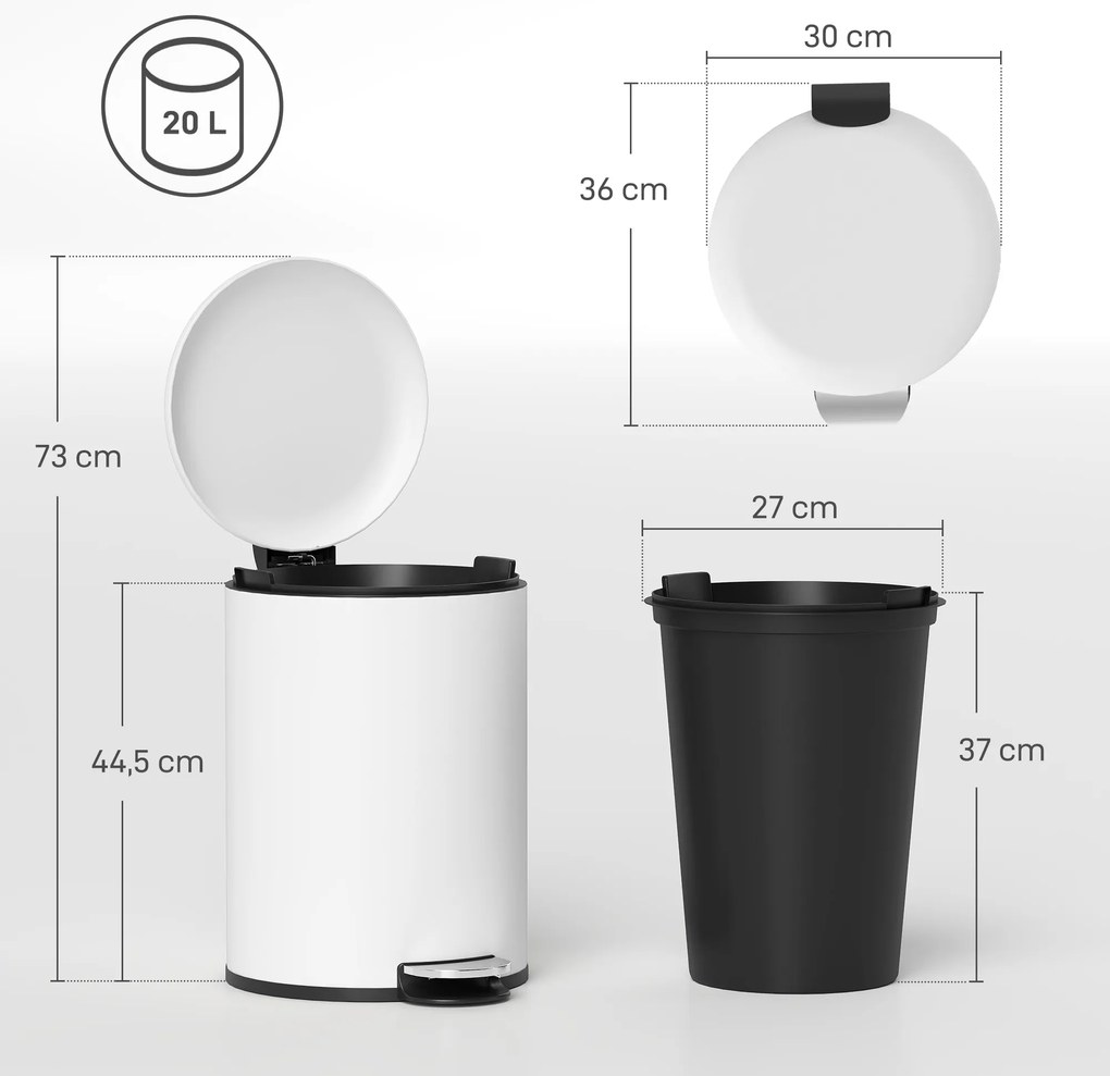 HOMCOM Κάδος Απορριμμάτων 20L, με Πεντάλ, Εσωτερικός Κάδος, Ανθεκτικός σε Δακτυλικά Αποτυπώματα, Αθόρυβο Κλείσιμο, Κρεμ Λευκό