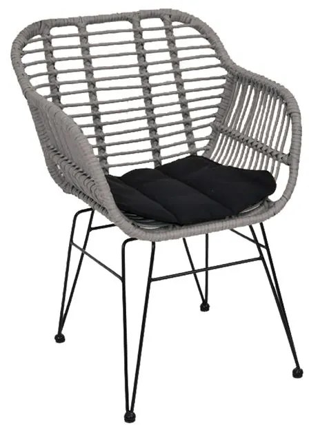 WOODWELL SALSA-W Πολυθρόνα Τραπεζαρίας Κήπου, Μέταλλο Βαφή Μαύρο, Wicker Γκρι, Μαξιλάρι Μαύρο 55x56x82cm Ε282,Κ1