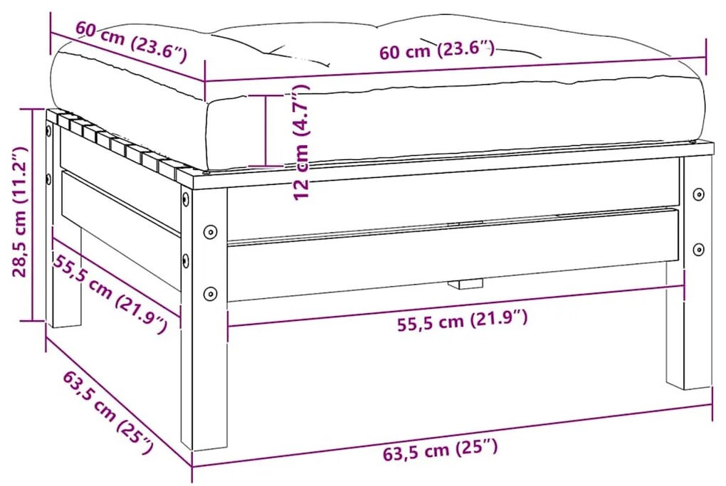 vidaXL Υποπόδιο Κήπου Μαύρο από Μασίφ Ξύλο Πεύκου με Ανθρακί Μαξιλάρι