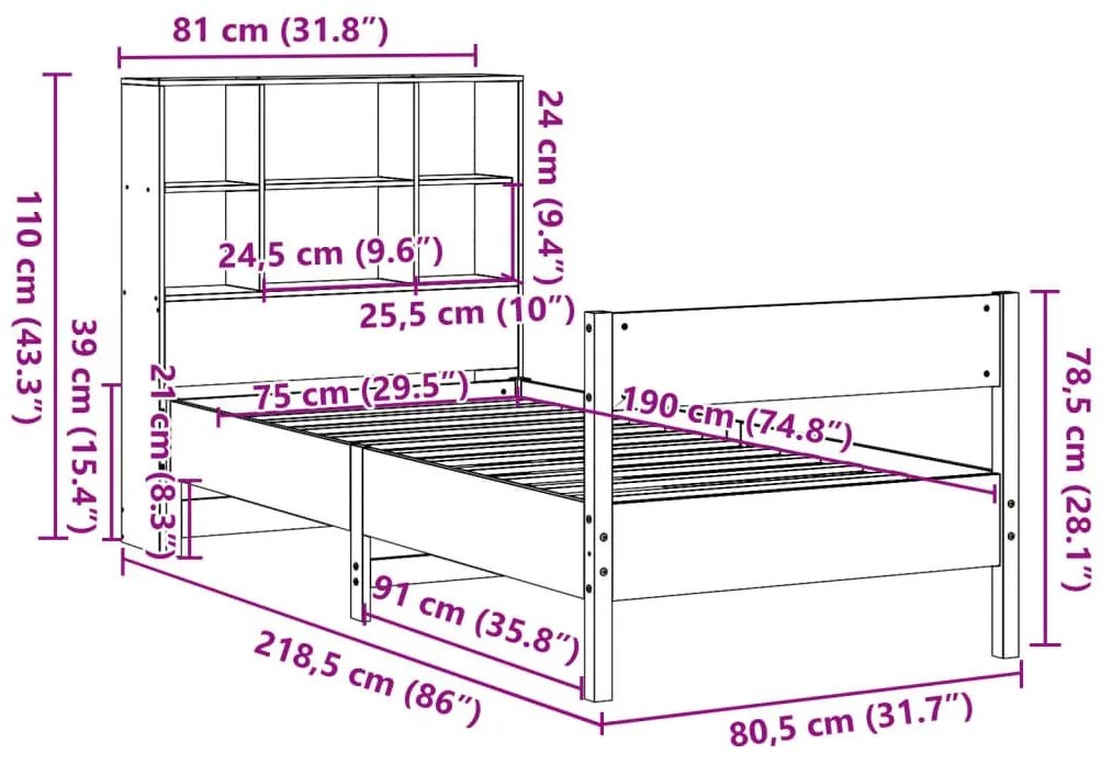 Κρεβάτι Βιβλιοθήκη Χωρίς Στρώμα 75x190 εκ Μασίφ Ξύλο Πεύκου - Καφέ