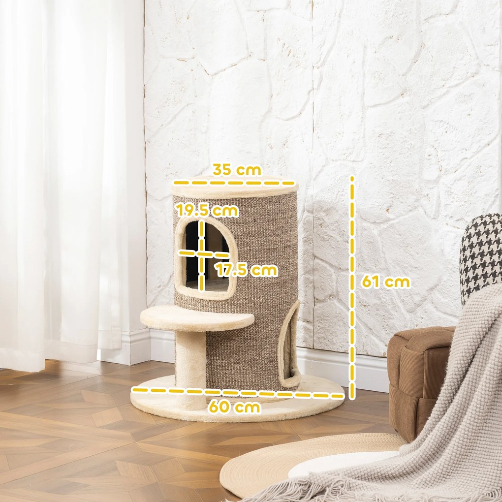 PawHut Πύργος για γάτες, Δέντρο για γάτες 2 επιπέδων, Πλατφόρμα άλματος, Σημείο παρατήρησης, Στρώμα ξυσίματος, Για ξεκούραση και παιχνίδι, Μπεζ