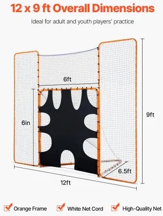 VEVOR 12x9 ft 3-IN-1 Lacrosse Goal Net with Backstop Target Rebounder Equipment