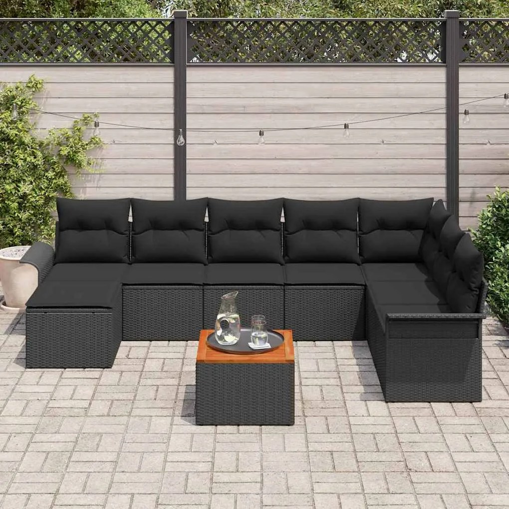 vidaXL Set κήπου 9 τεμαχίων  με μαξιλάρια, μαύρο πολυ-ρατάν.