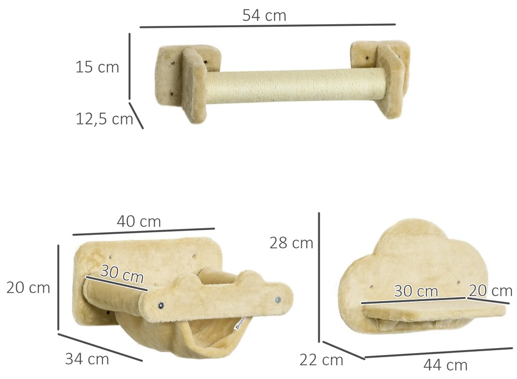 PawHut Σκάλα για γάτες, Σετ 5 τεμαχίων, 2 στύλοι ξυσίματος, 2 πλατφόρμες με βελούδινη επένδυση, Αιώρα, Μπεζ