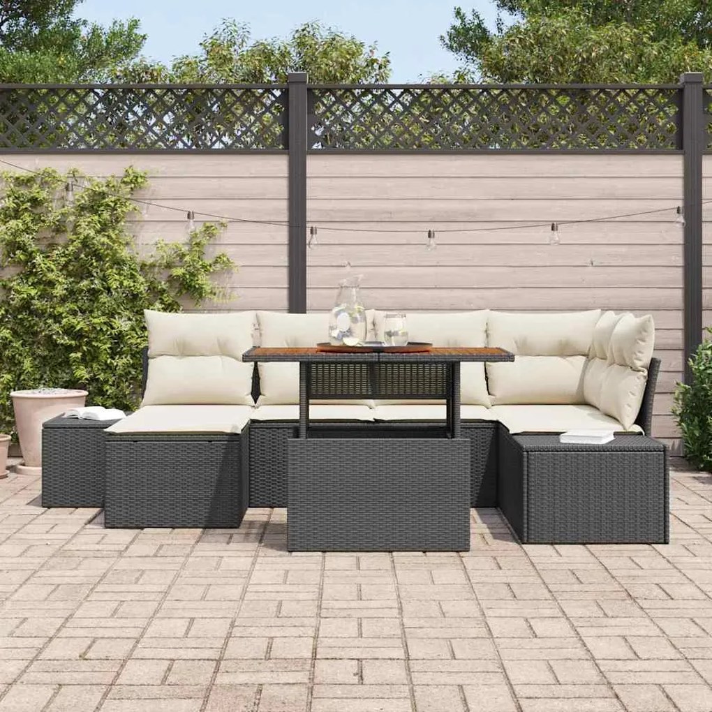 vidaXL Σέτ φαγητού για κήπο με μαξιλάρι 7 pcs Μαύρο, Κρέμα