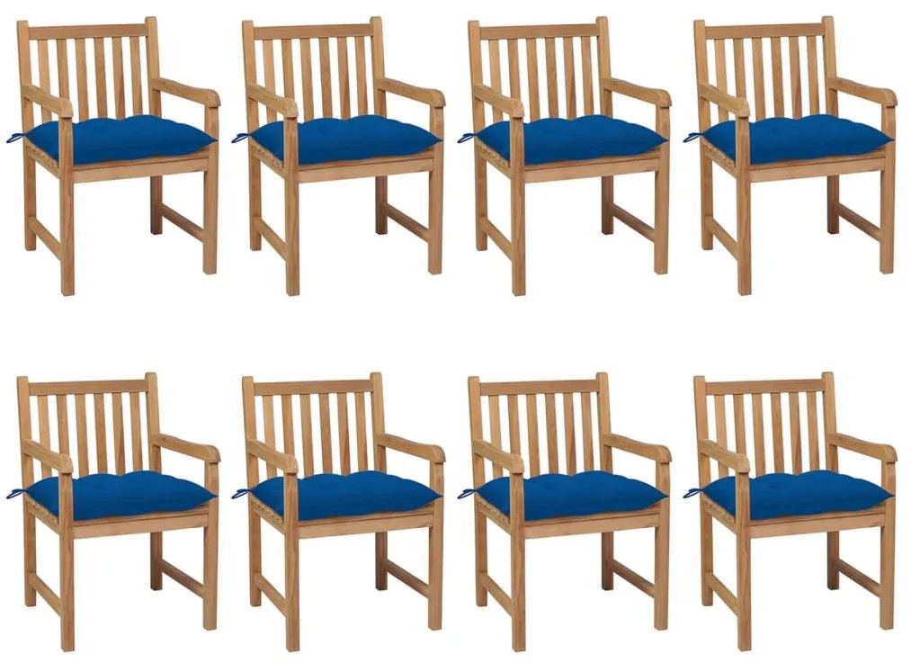 vidaXL Καρέκλες Κήπου 8 Τεμαχίων από Μασίφ Ξύλο Teak με Μπλε Μαξιλάρια