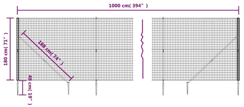 vidaXL Συρματόπλεγμα Περίφραξης Ανθρακί 1,8 x 10 μ. με Καρφωτές Βάσεις