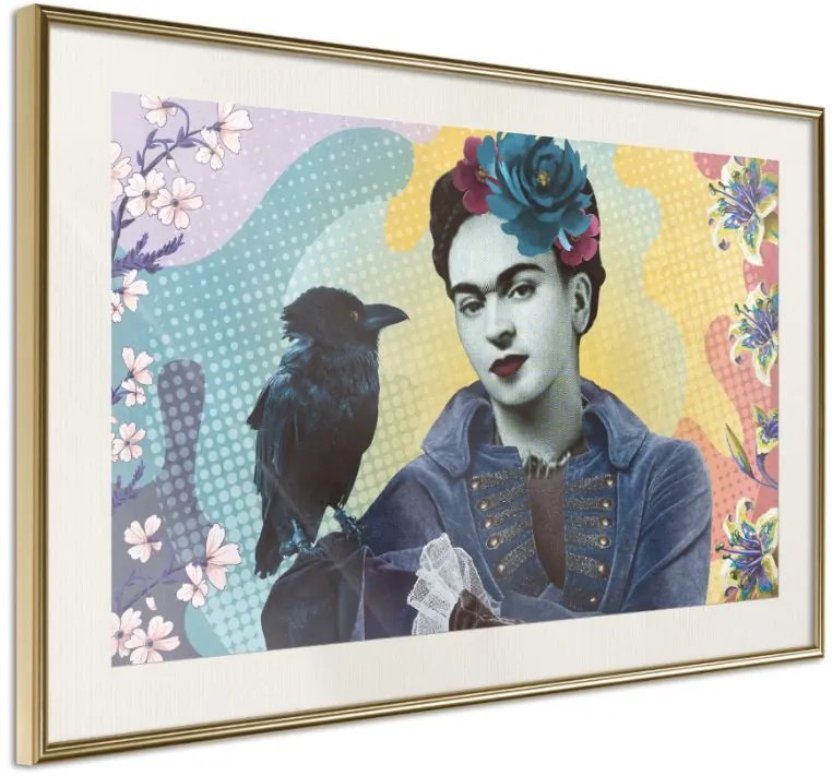 Αφίσα - Frida with a Raven - 30x20 - Χρυσό - Με πασπαρτού