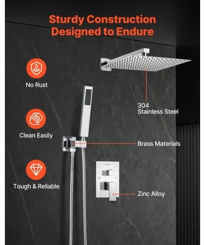 VEVOR Shower Faucet Set 12&quot; Square Rain Shower Head and Hand Set Silver Chrome