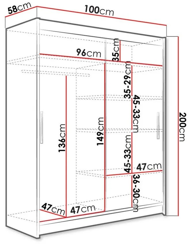 Ντουλάπα Atlanta 169, Άσπρο, Μαύρο, 200x100x58cm, 90 kg, Πόρτες ντουλάπας: Ολίσθηση, Αριθμός ραφιών: 4, Αριθμός ραφιών: 4 | Epipla1.gr