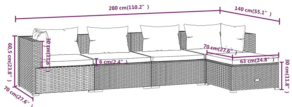 vidaXL Σαλόνι Κήπου Σετ 5 Τεμαχίων Καφέ Συνθετικό Ρατάν με Μαξιλάρια
