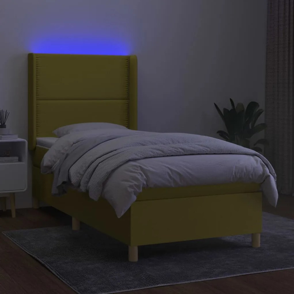 Κρεβάτι Boxspring με Στρώμα &amp; LED Πράσινο 100x200 εκ Υφασμάτινο - Πράσινο