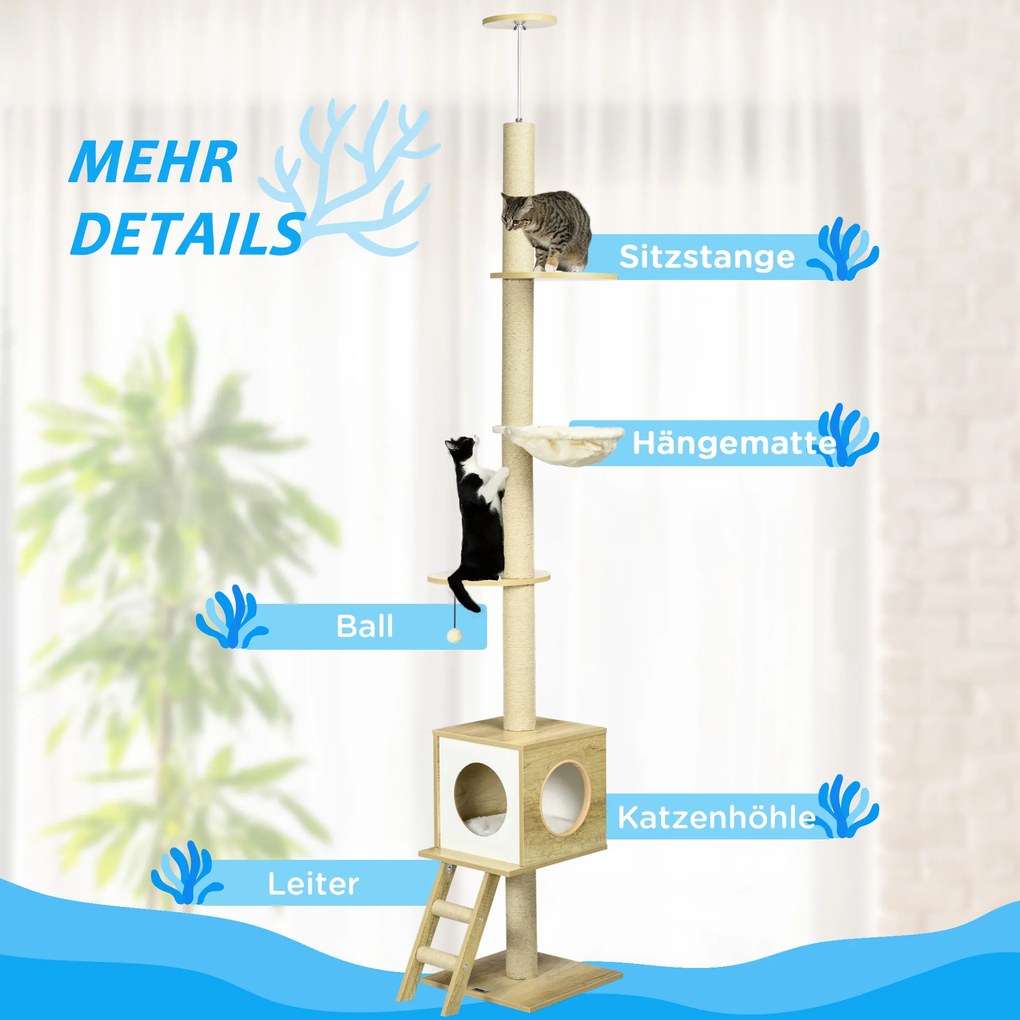 PawHut Δέντρο για γάτες, ύψους οροφής, σπίτι για γάτες, δύο πλατφόρμες, αιώρα, προστασία από ανατροπή, ανοιχτό καφέ+μπεζ, 40 x 40 x 260 cm