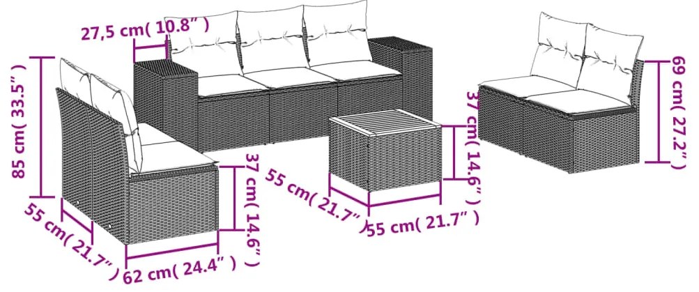 vidaXL Σαλόνι Κήπου 8 Τεμαχίων Μαύρο από Συνθετικό Ρατάν με Μαξιλάρια