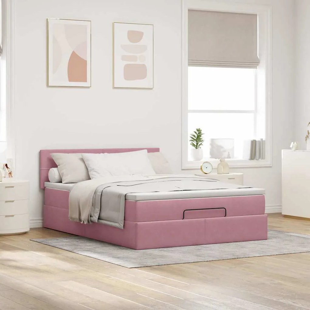 vidaXL Οθωμανικό κρεβάτι με στρώμα ροζ 140x200cm Βελούδο