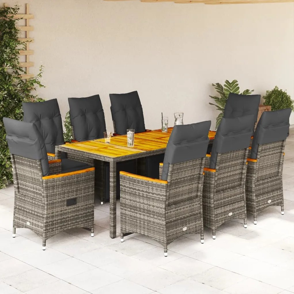 vidaXL Σετ Επίπλων Bistro Κήπου 9 τεμ. Γκρι Συνθετ. Ρατάν με Μαξιλάρια