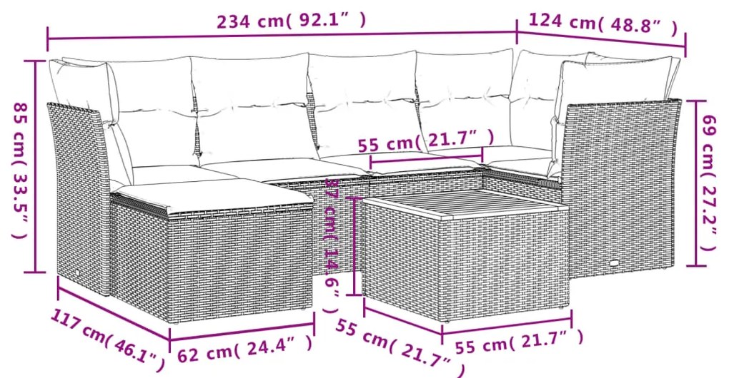 vidaXL Καναπές Σετ 7 Τεμαχίων Μαύρο Συνθετικό Ρατάν με Μαξιλάρια