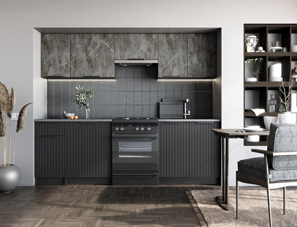 60-24966 TAMARA 240 kitchen set, color: front - grey marble / black, body – carbon wood, worktop – grey, 1 Τεμάχιο