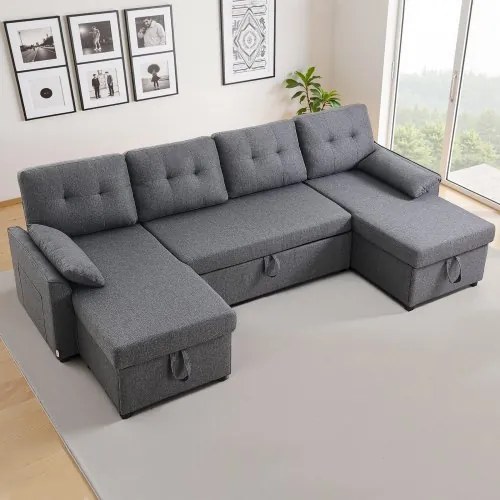 VEVOR U Shaped Sofa Bed 6-Seat Convertible Sleeper Sofa Bed Double Chaise Gray