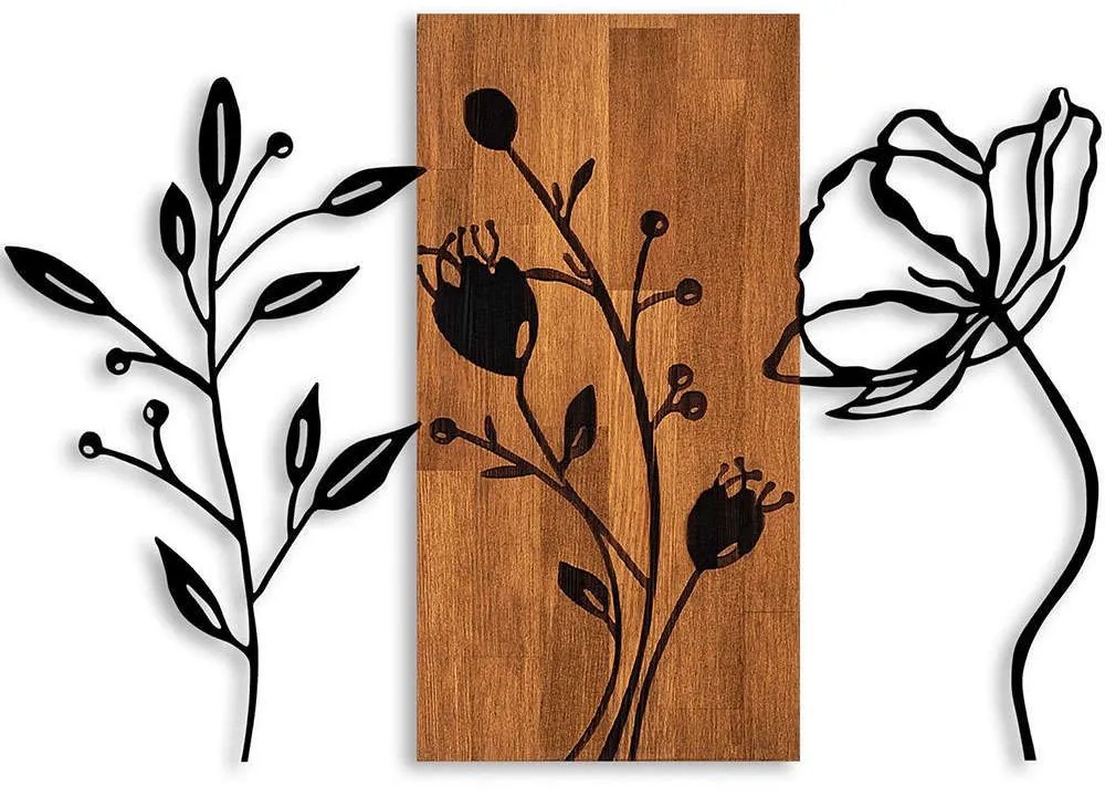 Διακοσμητικό Τοίχου Triple Flowers 899SKL2464 58x86cm Walnut-Black Wallity Μέταλλο,Ξύλο