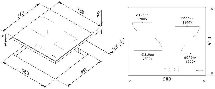 Εστία κεραμική Pyramis Αφής χωρίς Πλαίσιο PHC61410FMB 58x51x5 εκ.