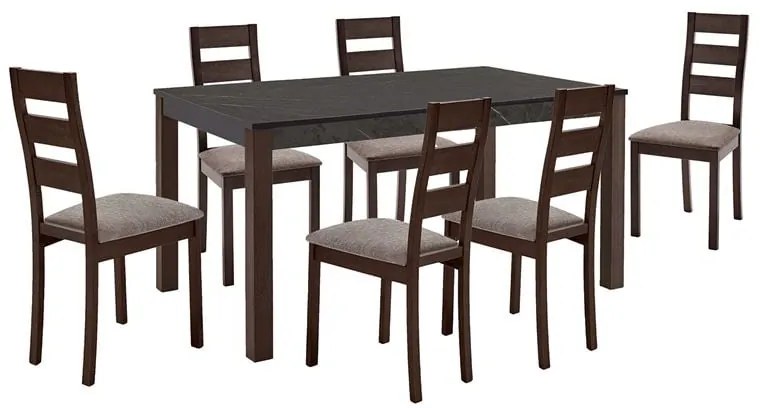 SIENNA Set (1+6) Τραπεζαρίας - Κουζίνας, Σκούρο Καρυδί, Melamine Greystone,Ύφασμα Μπεζ