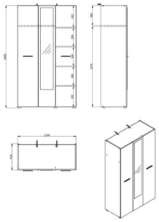 Ντουλάπα Ritmo με Καθρέφτη 3Κ1Ο Sonoma 114.5x51.5x200 εκ. 114.5x51.5x200 εκ.