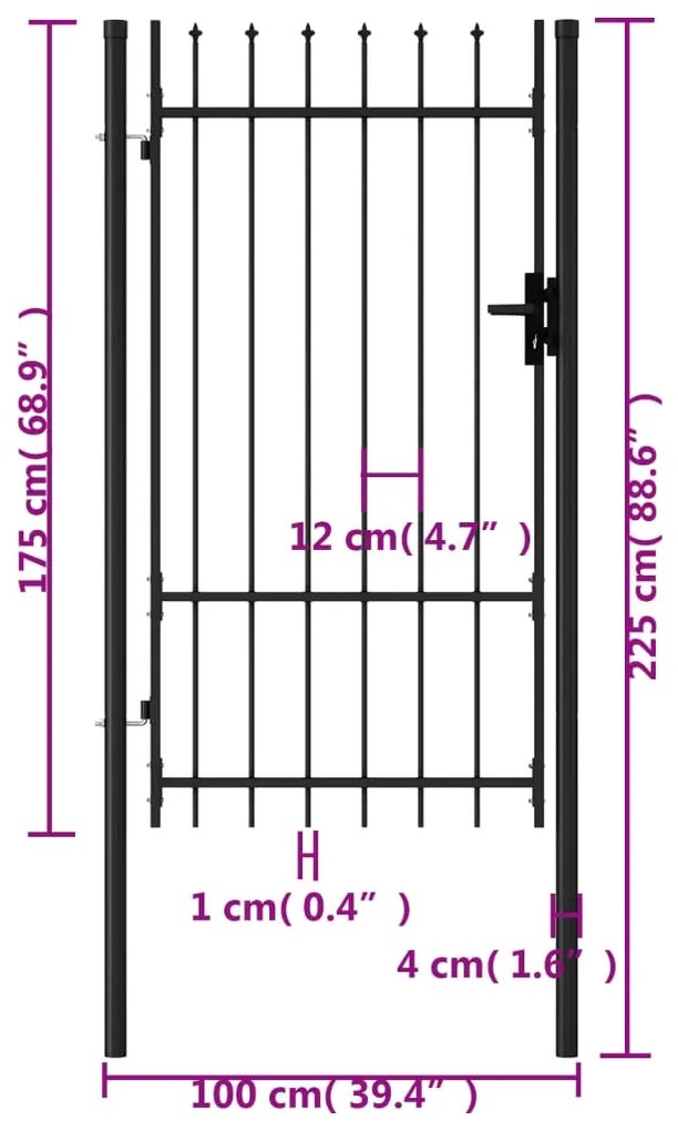 vidaXL Καγκελόπορτα Μονή με Ακίδες Μαύρη 1 x 1,75 μ. Ατσάλινη