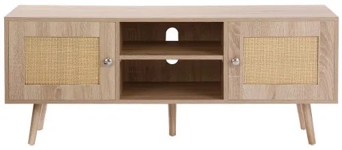 VEVOR Rattan TV Stand, Boho TV Cabinet for 55 inch TV, Mid Century Modern TV Stand, Rattan TV Console with Adjustable Shelfs for  Living Room, Media Room, Oak