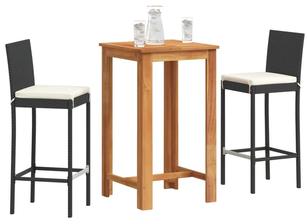 vidaXL Σετ Μπαρ Κήπου 3 Τεμ. Μαύρο Μασίφ Ξύλο Ακακίας και Συνθ. Ρατάν