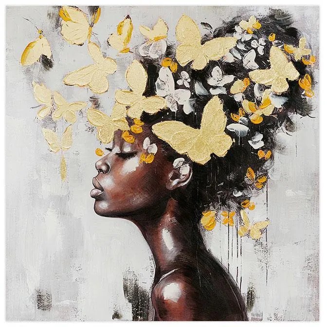 ΠΙΝΑΚΑΣ ΣΕ ΚΑΜΒΑ Fylliana &quot;Woman with butterflies&quot; ΚΑΦΕ-ΚΙΤΡΙΝΟ-ΜΑΥΡΟ-ΓΚΡΙ 100x3x100εκ