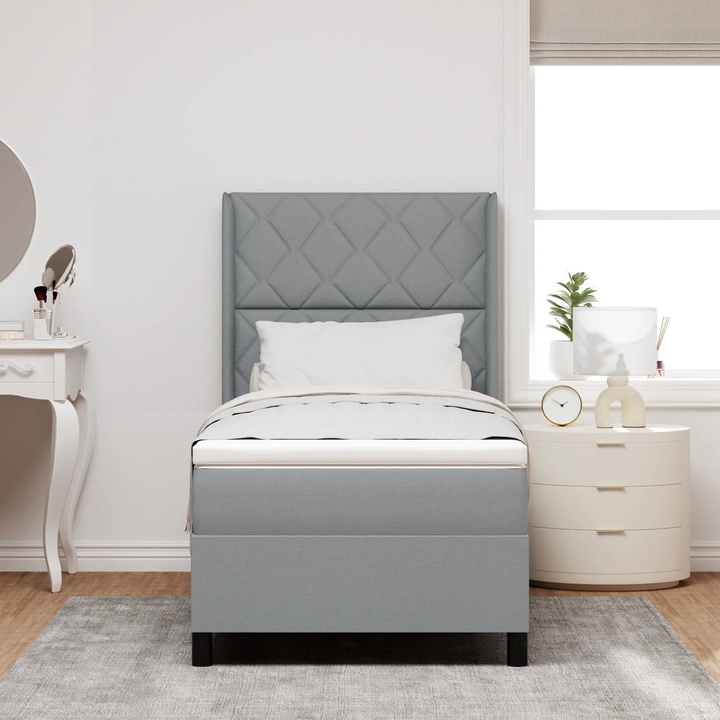 vidaXL Κρεβάτι box spring με στρώμα & LED, γκρι, 90 x 200 εκ. από ύφασμα