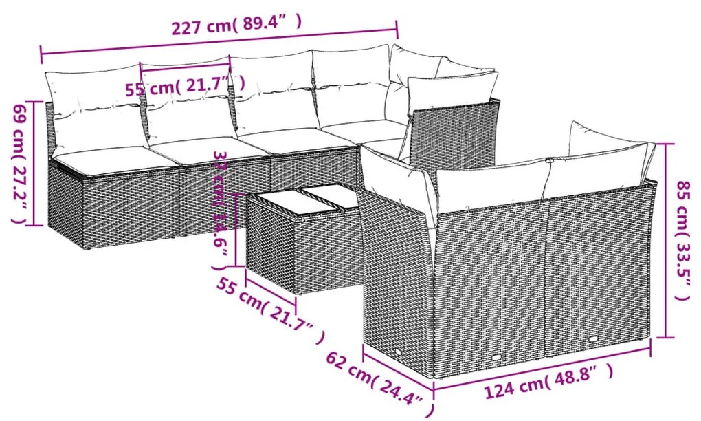 vidaXL Σαλόνι Κήπου Σετ 8 Τεμαχίων Καφέ Συνθετικό Ρατάν με Μαξιλάρια