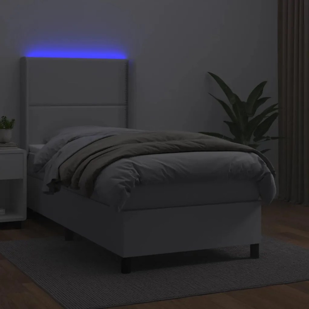 vidaXL Κρεβάτι Boxspring με Στρώμα & LED Λευκό 90x200 εκ. Συνθ. Δέρμα