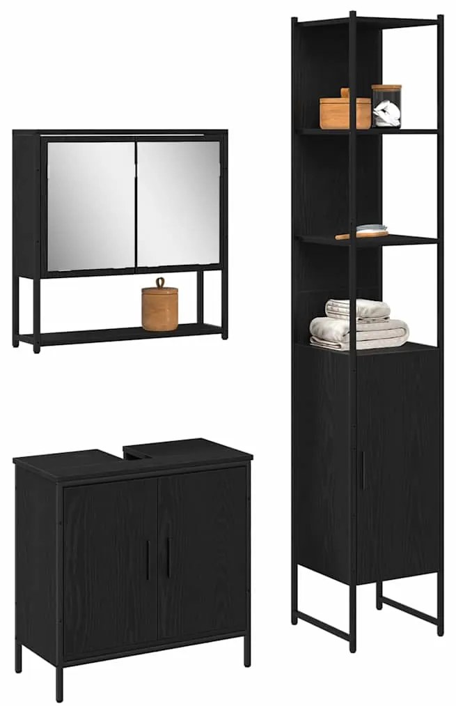 vidaXL Σετ Επίπλων Μπάνιου με ράφι 3 pcs Μαύρο 33 x 33 x 185.5 εκ