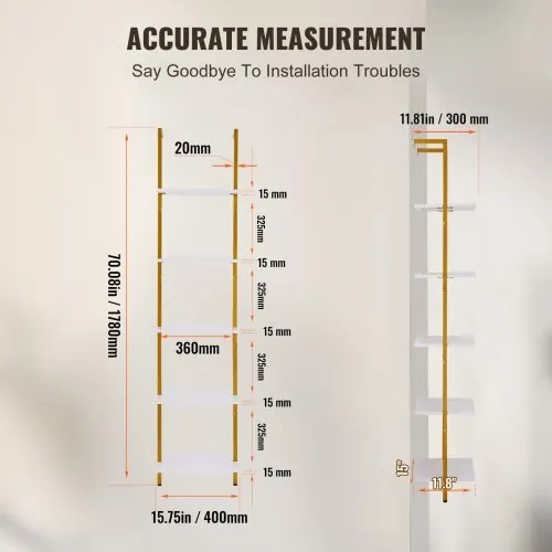 VEVOR Industrial Square Pipe Shelf 5 Tier 15.6x11.8in Wall-Mount Gold White