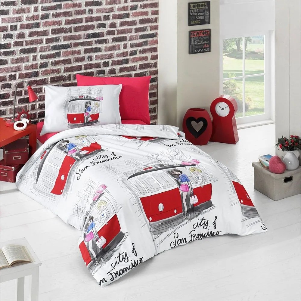 Κουβερλί Παιδικό Σετ 2τμχ San Francisco White-Red Ρυθμός Μονό 155x230cm 100% Cotton