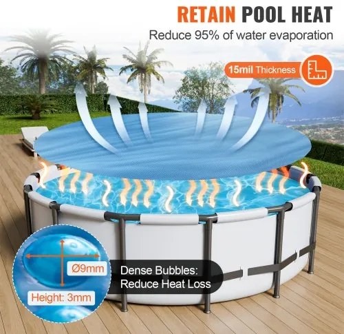 VEVOR Solar Pool Cover, Φ10 ft Round Solar Blanket for Pools, Inground Above Ground Swimming Pool Solar Cover, 15 mil Solar Covers Blue