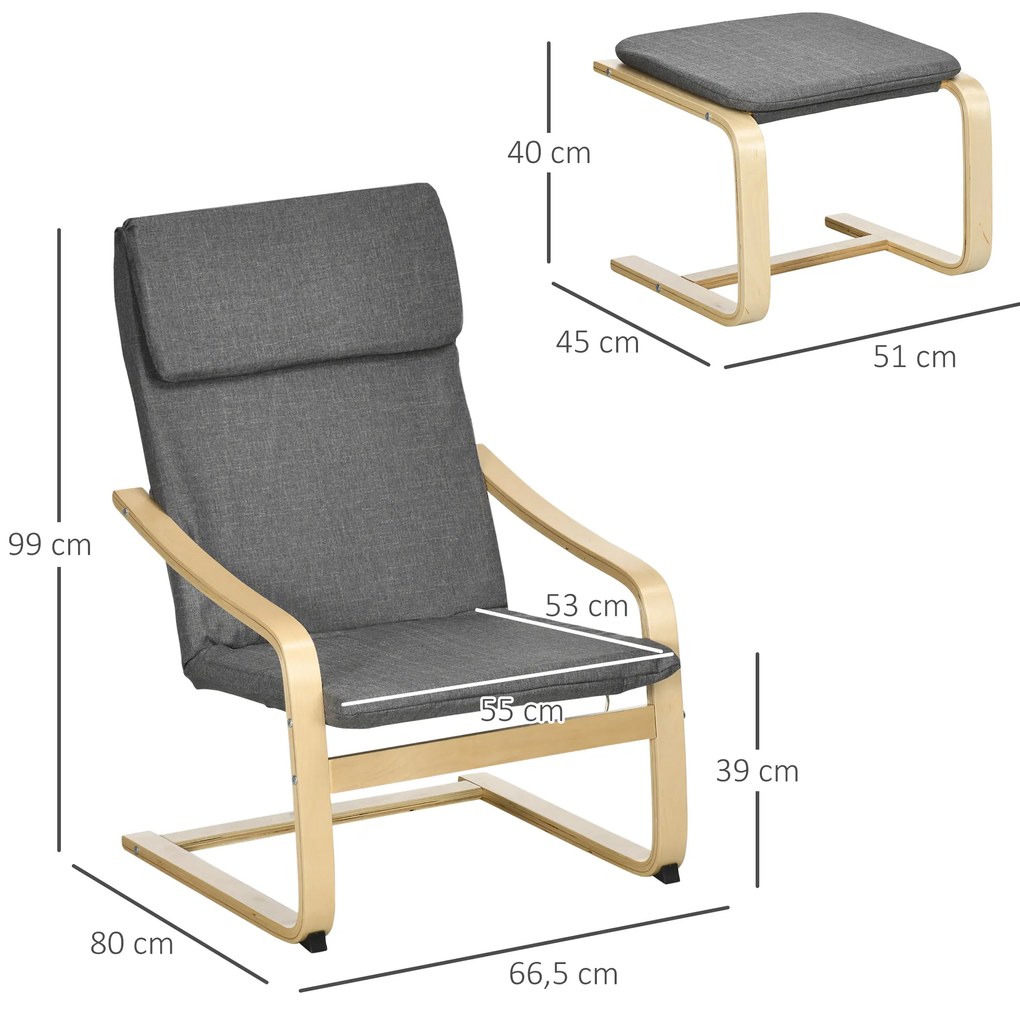 HOMCOM Πολυθρόνα με υποπόδιο, σετ πολυθρόνας, έως 120 kg, όψη λινό, μασίφ ξύλο, Γκρι + Φυσικό, 66,5 x 80 x 99 cm