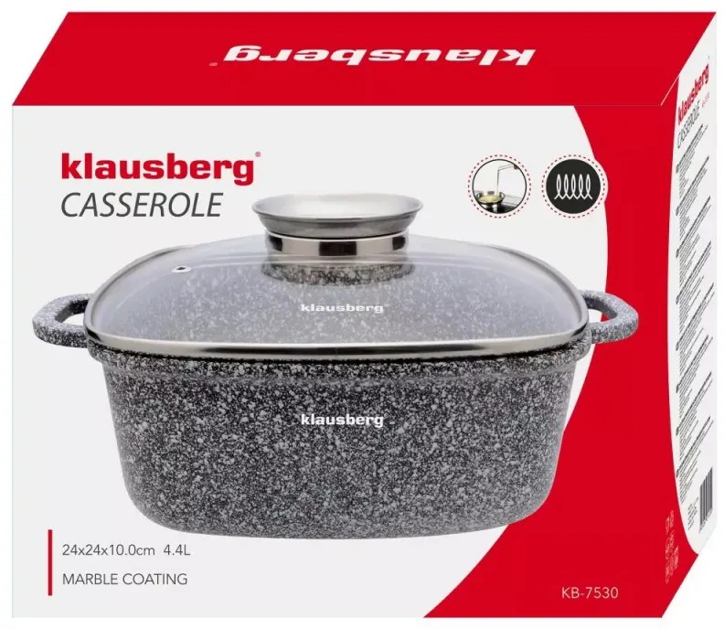 Кατσαρόλα Klausberg KB 7530, 4.4 l, Γυάλινο καπάκι, Μαρμάρινη επίστρωση, Επαγωγική, Γκρι