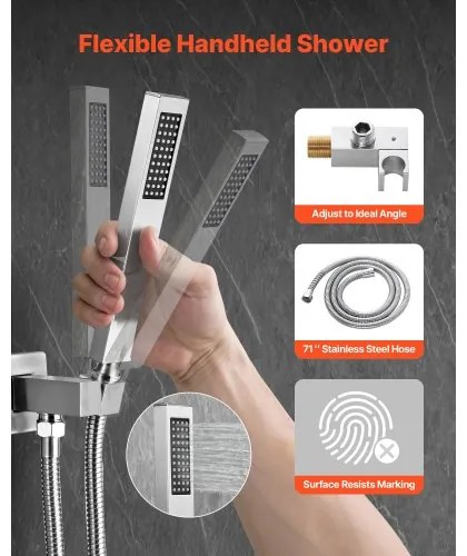 VEVOR Shower Faucet Set 12&quot; Square Rain Shower Head and Hand Set Brushed Nickel