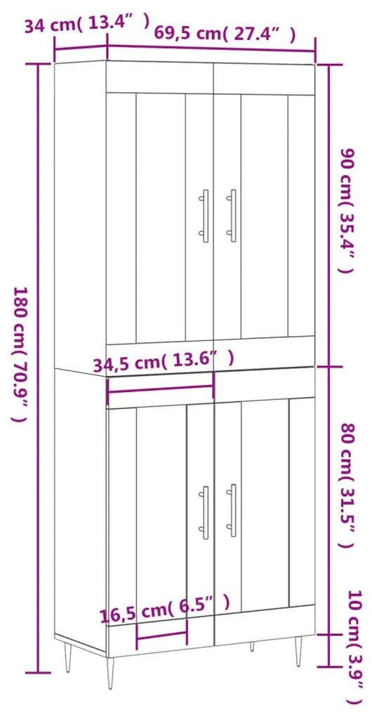 Ντουλάπι Γκρι Sonoma 69,5 x 34 x 180 εκ. Επεξεργασμένο Ξύλο - Γκρι