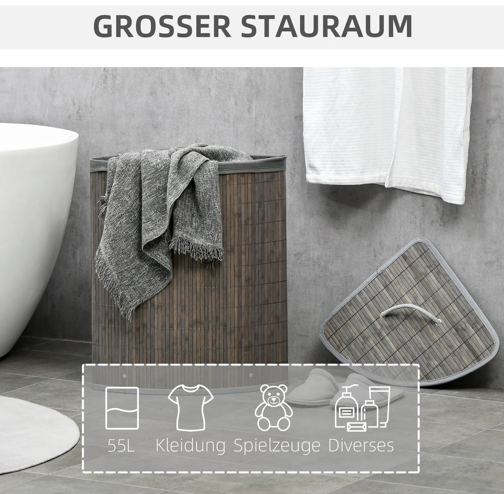 HOMCOM 55 L Καλάθι απλύτων με καπάκι, λαβή, διαλογέας απλύτων με αφαιρούμενη τσάντα πλυντηρίου για μπάνιο, μπαμπού, γκρι