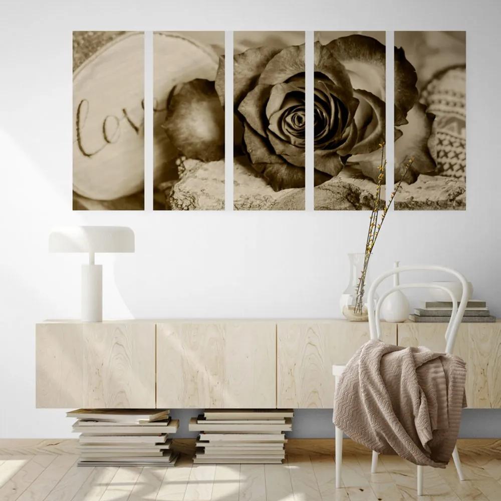Εικόνα 5 μερών ροζ σε σχέδιο σέπια Love - 100x50