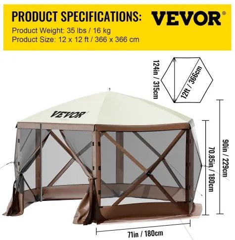 VEVOR Pop-up Camping Gazebo Camping Canopy Shelter 6 Sided 12&#039; x 12&#039; Sun Shade