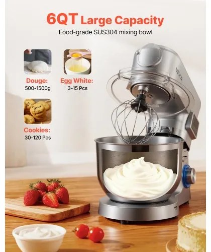 VEVOR Stand Mixer, 5.7 L Electric Kitchen Mixer, 1500W Dough-Mixer, 6+P Speeds Tilt-head Food-Mixer with 1.5 L Blender Cup, Stainless Steel Bowl, Dough Hook, Whisk, Beater, for Baking, Mixing, Silver