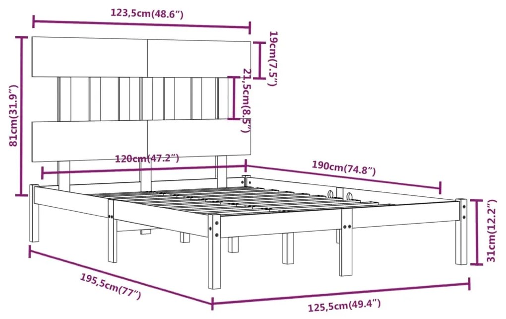 vidaXL Πλαίσιο Κρεβατιού 120 x 190 εκ. από Μασίφ Ξύλο Small Double