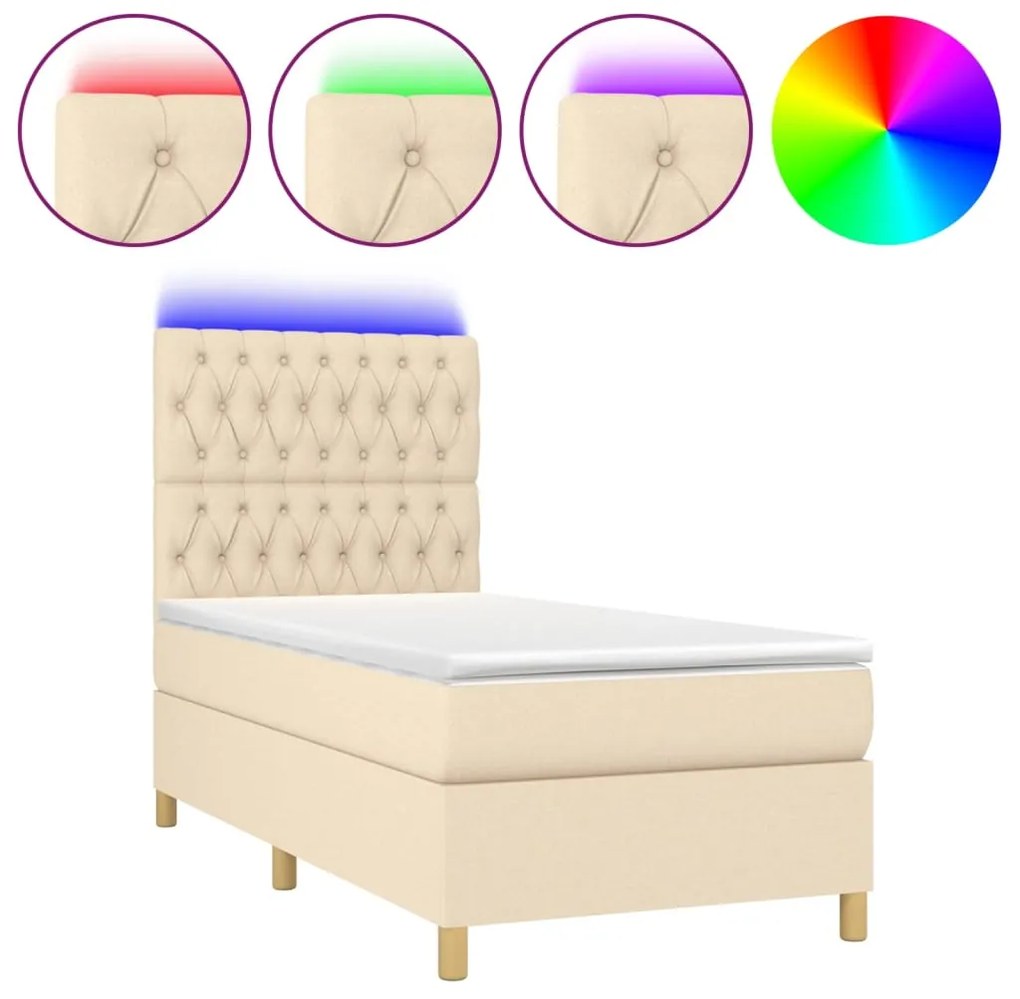 vidaXL Κρεβάτι Boxspring με Στρώμα &amp; LED Κρεμ 100x200 εκ. Υφασμάτινο